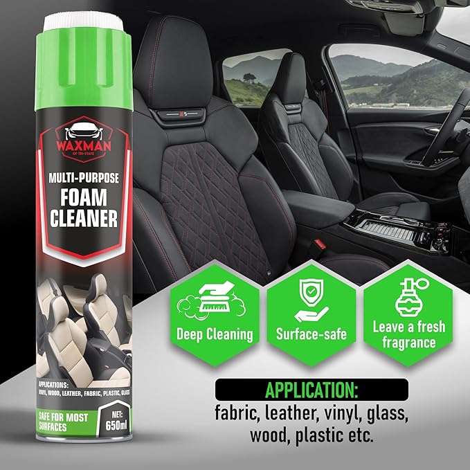 Car Interior Foam Cleaner with Soft Brush Cap – Multi-Purpose Deep Cleaning Foam Spray for Leather, Vinyl, Fabric, Plastic – Safe Non-Drip Formula, Fresh Scent, 22 oz