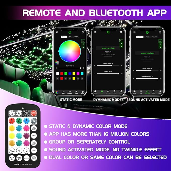 ATOKEE 32W Dual Color Starlight Headliner Kit, Sound Activated Fiber Optic Star Roof Lights with APP/Remote Control, 700pcs 0.03in 9.8ft