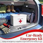 Flexzion First Aid Box Organizer Empty 13" White Vintage First Aid Kit Tin Metal Medical Box - First Aid Storage Box Container Bins with Dividers, Removable Tray and Red Cross Logo