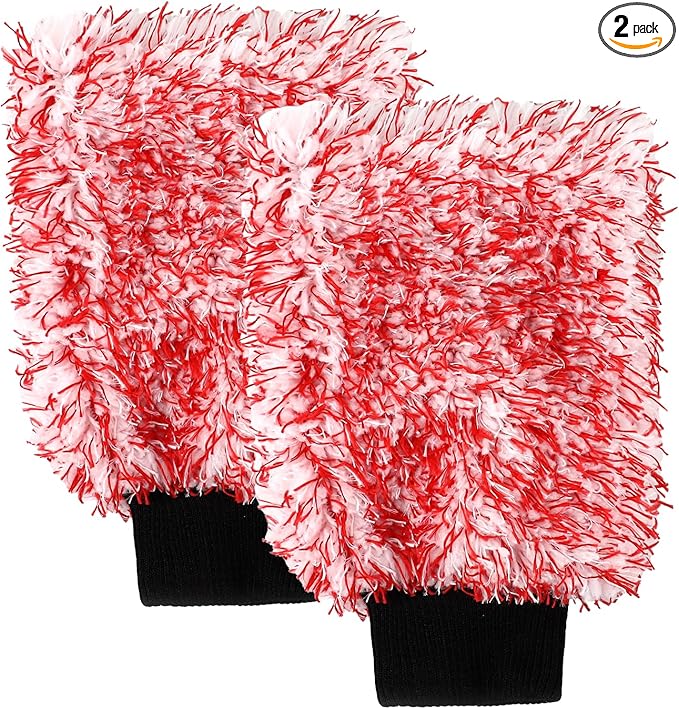 2PCS Car Wash Mitt, 11"×8" Cyclone Microfiber Cleaning Mitt for Cars, Scratch-Free & Lint-Free, Double Sided Automotive Washing Gloves, Universal Auto Cleaning Supplies (Red+White)
