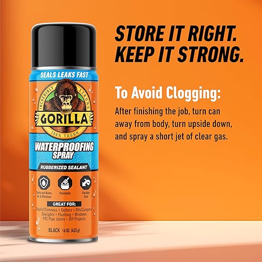 Gorilla Waterproof Patch & Seal Rubberized Sealant Spray, Black, 16 Ounce (Pack of 6) - Seals Out Water, Air, and Moisture