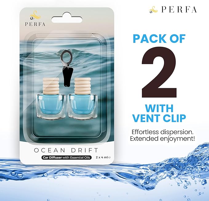 Ocean Fresh Car Air Freshener | Long Lasting Hanging Car Freshener with Vent Clip | New Car Fragrance, Slow-Release Aroma Technology, Adjustable Scent Intensity | Scented Interior Diffuser by Perfa
