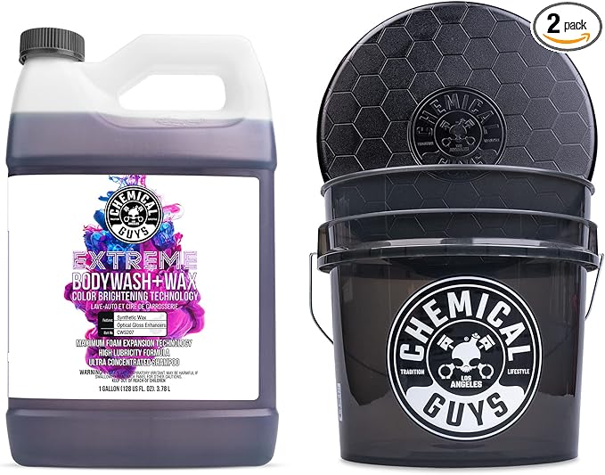 Chemical Guys CWS207BB Basic Car Wash & Bucket Bundle - Extreme Bodywash & Wax Foaming Car Wash Soap, 128 oz (1 Gallon), Grape Scent + Heavy Duty Smoked Obsidian Black Detailing Bucket (2 Items)