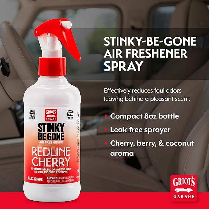 Griot's Garage Stinky-Be-Gone Redline Cherry Air Freshener Spray – Odor Remover for Cars, Trucks, and SUVs on Carpets, Floor Mats, and Under Seats, 8oz