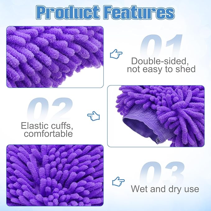 HARFINGTON 2pcs Chenille Microfiber Car Wash Mitts 10" x 7.5" Scratch Free Wash Gloves Absorbent Double Sided Plush Cleaning Drying Mitts for Car Washing Home Clean Purple