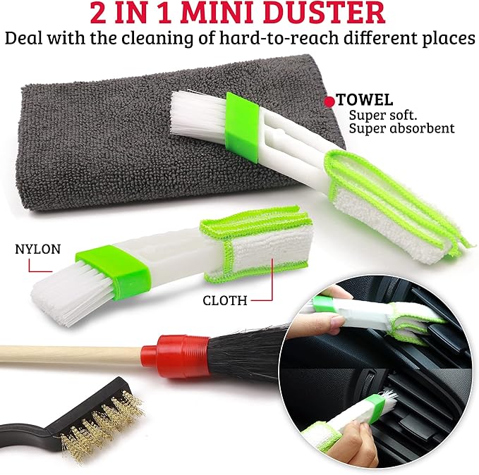 TAKAVU Complete Car Detailing Kit (12pc) - Detail Brushes, Wire Brushes, Vent Duster & Microfiber Towel for Wheels, Interior, Exterior, Engine Bay & Motorcycle Cleaning