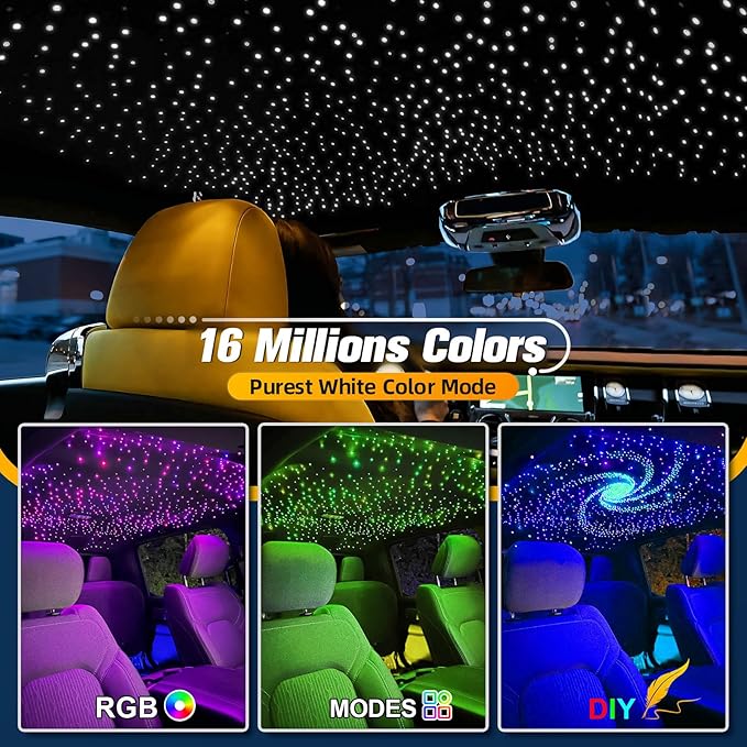 6W Mini Size Twinkle 650pcs*0.03in*13.1ft Starlight Headliner Kit, Star Lights for Car with Bluetooth APP/28key Remote Control/Music Effect, RGBW Fiber Optic Lights for Home Ceiling
