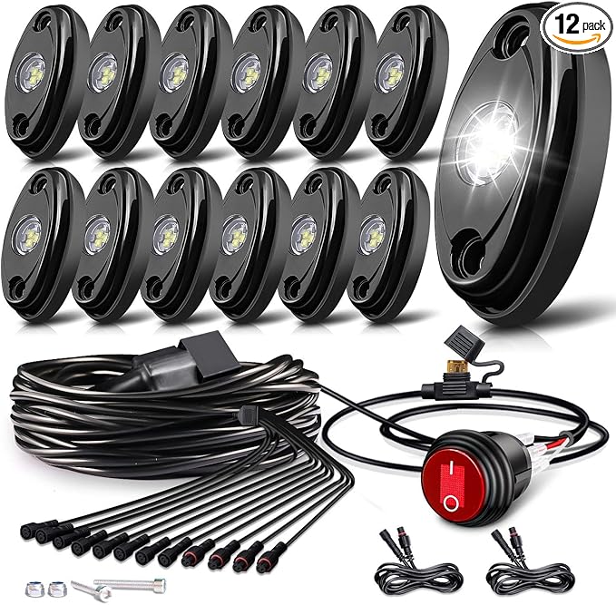 White Rock Lights,LEDMIRCY R1 LED Rock Lights Kit with Toggle Switch Wiring Harness 12PCS Luces para Carro for Trucks ATV UTV Golf Cart Under Glow Light High Power IP68 Waterproof