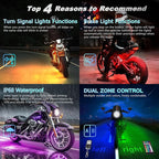 18PCS Motorcycle RGB LED Light Kit with Brake Turn Signal, Multicolor Underglow Lights with APP/RF Remote, Neon Accent Lights Dual Zone Waterproof 12V for Touring, Bagger & Large Cruiser Motorcycle