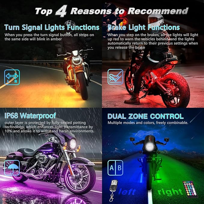 18PCS Motorcycle RGB LED Light Kit with Brake Turn Signal, Multicolor Underglow Lights with APP/RF Remote, Neon Accent Lights Dual Zone Waterproof 12V for Touring, Bagger & Large Cruiser Motorcycle