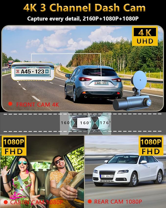4K 3 Channel Dash Cam Front and Rear Inside, 360 Degree Dash Camera for Cars with 5GHz WiFi & App Control, 2160P+1080P+1080P Triple Dashcam with 64GB Card, G-Sensor, Night Vision, WDR, Parking Monitor
