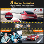 3 Channel 4K Dash Cam Front Rear and Inside with 5G WiFi & APP Control, 4K/2.5K+1080P+1080P Dashcam for Car, Dash Camera with 64GB Card, 24H Parking Monitor, Night Vision, Loop Recording, G-Sensor