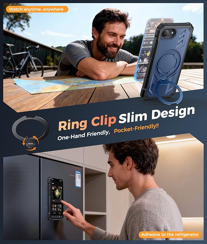 FNTCASE for iPhone 17e Phone Case: for iPhone 16e Case with [360 Spin Magnetic Ring Kickstand] [Compatible for MagSafe] [Screen Protector] Heavy Duty Military Grade Protection Case with Stand Blue