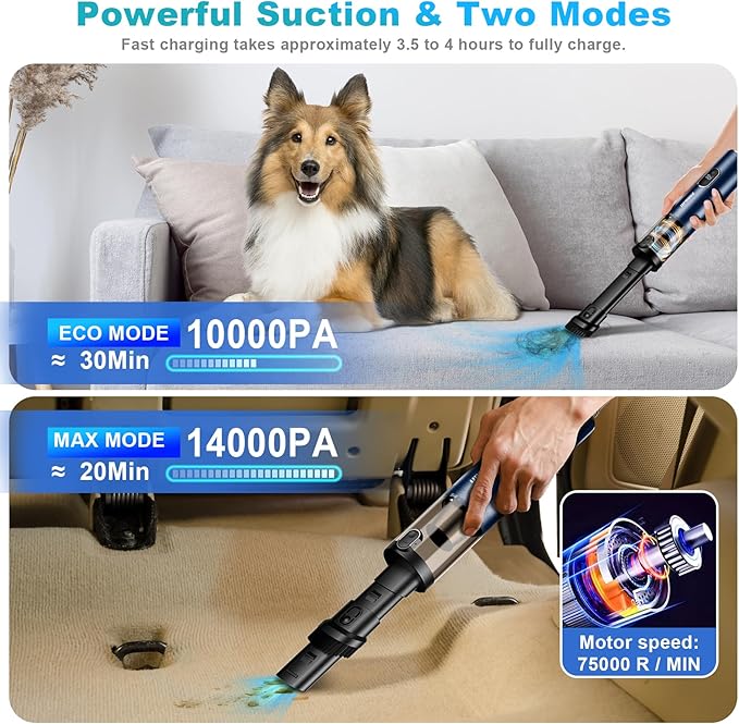 Upbooz Handheld Vacuum Cordless, Car Vacuum with 14000PA Powerful Suction with LED Light, Air Duster 2-in-1,Low Noise Rechargeable Portable Mini Vacuum Cleaner for Car Home Pet Office,Two Gears Blue