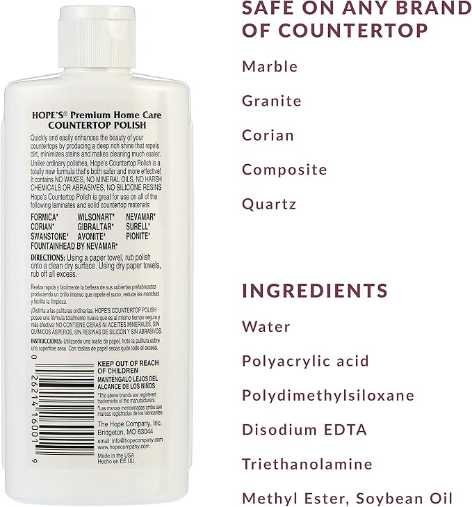 HOPE'S Countertop Restoration Polish - Shines and Protects with No Build-Up - Streak-Free Kitchen Counter Cleaner - Quartz, Marble, Corian, Laminate, Granite Countertop Cleaner, 8 Fl Oz, Pack of 1