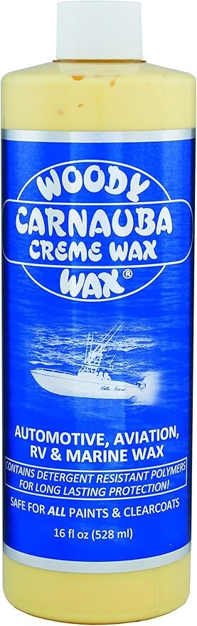 Woody Wax Carnauba Creme Wax, Professional High-Gloss Marine, RV & Aviation Wax, UV Protection for Paint & Clear Coat, Detergent Resistant Polymers, Covers Light Scratches and Removes Oxidation, 16 oz