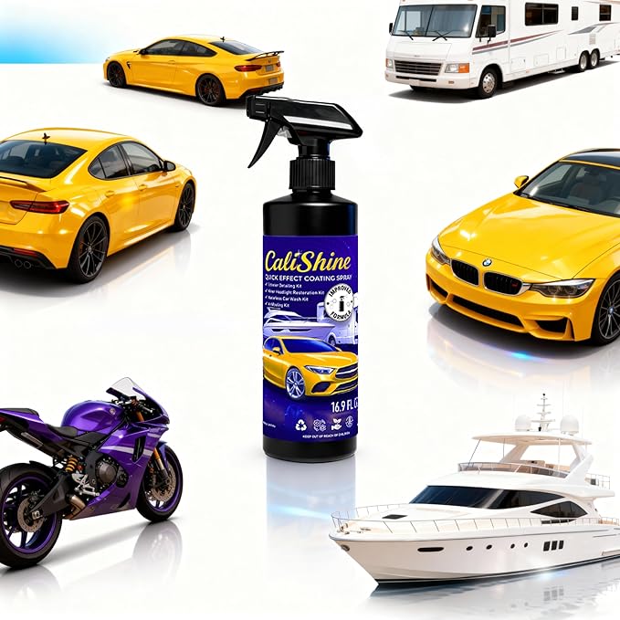 CaliShine Quick Effect Coating Spray - 16.9 fl oz Waterless Ceramic Car Wax Coat - Detail Polish & Cleaner for Cars Boat Body & Glasses, Window Glass and Headlight - Shine Restoration Kit (1000 ml)