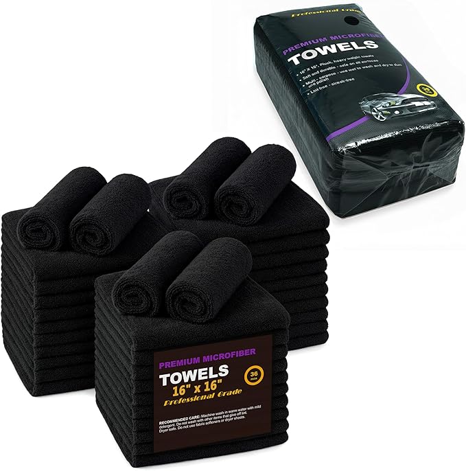 Black Microfiber Cleaning Towels, 36-Pack Dual-Sided Ultra Soft Plush Washcloth, Professional Grade Premium Microfiber Detailing Cleaning Cloths, Car, Household and Commercial (Black, 16" x 16")