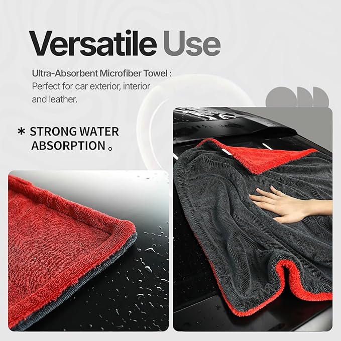 Extra Large Microfiber Twisted Car Drying Towel, Red and Grey, Ultra Absorbent, 24 * 36 Inches, One-Swipe Drying, for Car Exterior