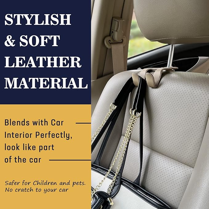 Upgraded Headrest Hooks for Purses and Bags, 2 in 1 Car Back Seat Head Rest Hanger Matching Cars Interior Genuine Leather Vehicle Storage Holder Hook, 1 Pack, Gray