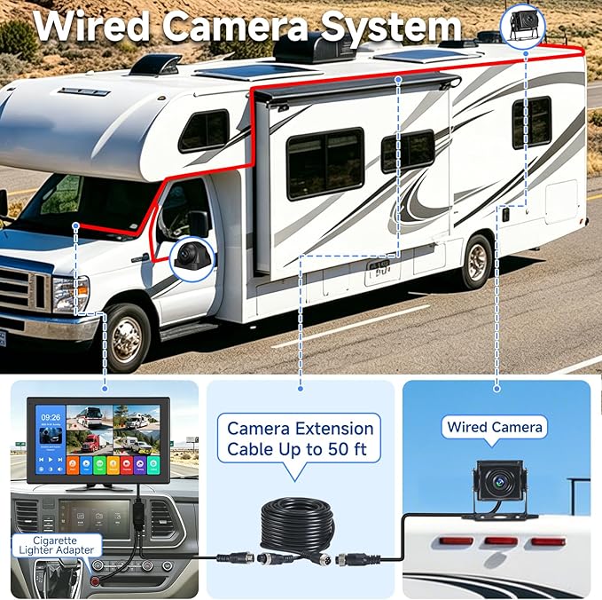 RV Backup Camera System - 10.1 Inch 4K Touchable 4 CH Monitor, 1080P IP69 Waterproof Wired Camera, DVR Loop Recording Bluetooth for Semi Truck Trailer Camper Pickup Bus