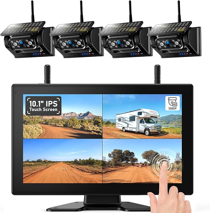 ZEROXCLUB 4 Magnetic Solar Wireless Backup Camera HD1080P DVR 10.1" Touchscreen Monitor, Quad RV Rearview Backup Cameras Wireless System for RV Trailer Tractor, Built-in 9600mAh Solar Battery, BL104
