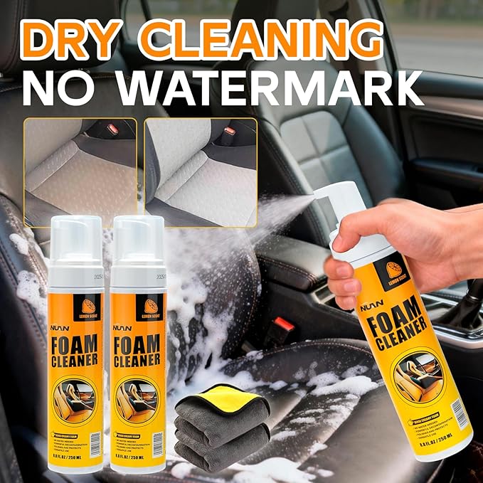 NUAN 2PCS Foam Cleaner for Car, Lemon Scent Car Interior Cleaner, Safe and Quick Remover Stains Multi-Purpose Foam Spray for Car Steering Wheel, Car Seat, Leather and House, 8.4 FL OZ, 250 ML