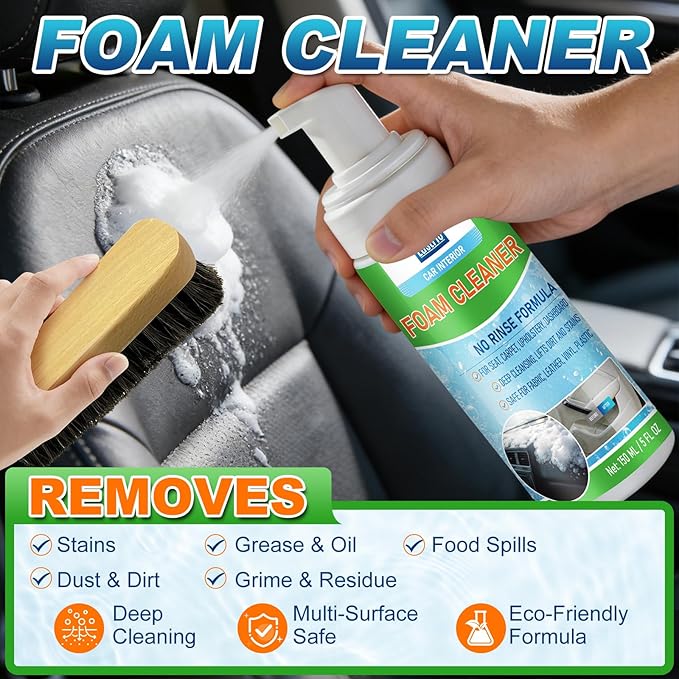 Car Interior Foam Cleaner – All-in-One Auto Detailing Kit with Soft Brush & Microfiber Towel – Safe for Leather, Vinyl, Fabric, Plastic Trim – No-Rinse Upholstery & Carpet Cleaner 150ml（5oz）
