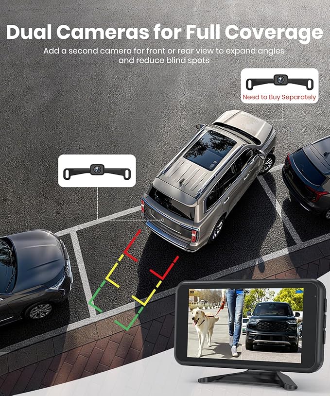 AUTO-VOX W12 Wireless Backup Camera: 5“ 1080P Dual-Channel Monitor Powered by USB Boost Cable, Easy Installation, Stable Transmission Signal, IP69K Waterproof Night Vision, for Car, SUV, Truck, Pickup