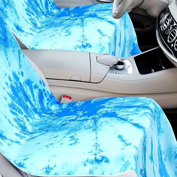 Hahafelt 2 Pack Car Seat Towel Covers with Storage Bag, 63 x 32 Inch Universal Non Slip Waterproof Sweat Protector for Car Truck, Gym Swimming Running, Machine Washable (Blue Tie Dye)