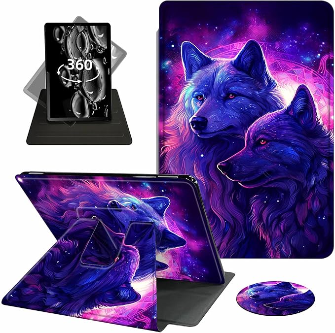 Case for 7" Kindle Paperwhite 12th Generation 2024 & Kindle Colorsoft Signature Edition 2024,360 Degree Rotating Swivel Leather Stand Folio Cover with Auto Wake/Sleep,Purple Glitter Wolf