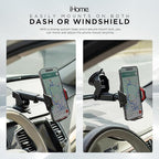 iHome Car Mount, Dashboard/Windshield/Vent Mount, Swivel Neck, Silicone Grip, Adjustable Mount Arm with Suction Cup Base (Adjustable Arm Car Mount)