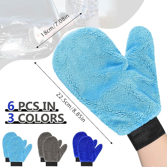 Teenyyou 6 Pcs Microfiber Dusting Mitt Car Wash Mitts Cleaning Glove with Thumb Reusable Terry Dusting Gloves with Elastic Wrist Cuff for Car Wheel Plants House Kitchen(Blue, Grey,8.85 x 7.08 Inch)