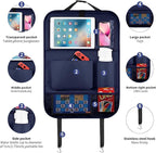 LUCMO Car Backseat Organizer with Tablet Holder,6 Storage Pockets Car Storage Organizer with Foldable Food Tray,Seat Protectors Kick Mats Travel Accessories-Dark Blue