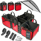 XL Trunk Organizer 4-Section Modular System – Extra Large Car Cargo Storage, Foldable Multi-Compartment Bin for Groceries, Gear & Travel – High-Density Structure – Red