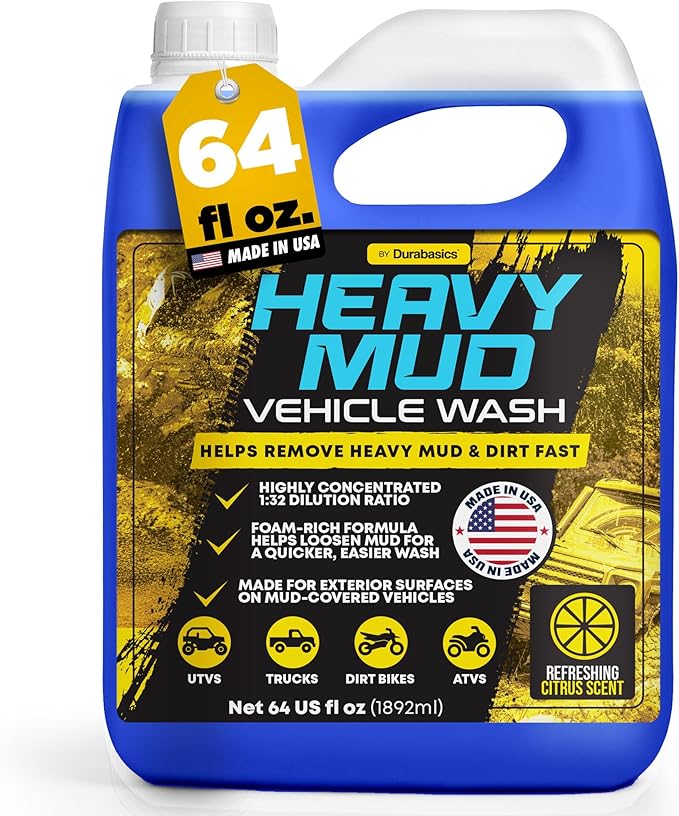 Durabasics Heavy Mud Wash – Highly Concentrated 1:32 Ratio, Thick Foam Car Wash Soap & ATV Cleaner for Trucks, UTV Cleaner, Dirt Bikes & RVs – Works with Foam Cannons & Bucket Washes – 64 fl oz