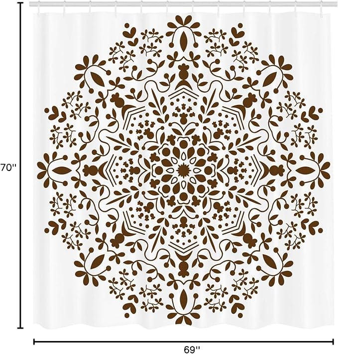 Ambesonne Mandala Shower Curtain, Abstract Art Style Vector Illustration of Mandala Flower on White Background, Cloth Fabric Bathroom Decor Set with Hooks, 69" W x 70" L, Brown and White