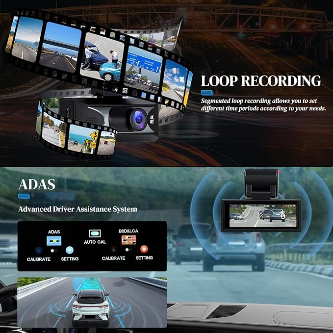 4K Dash Cam with WiFi & APP Control, 4K Front and 2.5K Rear, Dash Camera with ADAS,G-Sensor, 24 Hours Parking Mode, Loop Recording, Night Vision