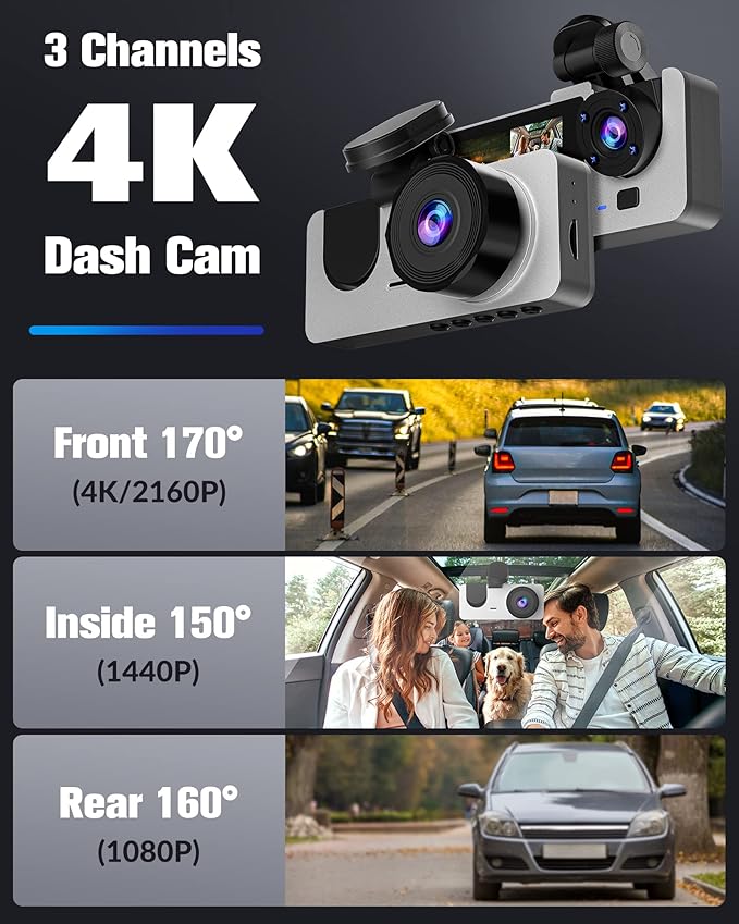 Dash Cam Front and Rear Inside, 4K/2.5K Full HD Dash Camera for Cars,Car Camera with Free 32GB SD Card,Built-in Super Night Vision,WDR,G-Sensor,24 Hours Parking Monitor, Loop Recording