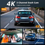 Real 4K 3 Channel Dash Cam Front and Rear Inside, STARVIS 2 HDR Sensor, 5.8GHz Wi-Fi GPS G-Sensor, 4K+1080P+1080P Dash Cam, 64GB Card Included, IR Night Vision, 3.3" IPS Screen, 24Hr Parking Monitor