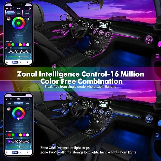 Dreamcolor Acrylic Car Interior Lights 18 in 1 RGB Car Ambient Lighting Kit APP Control Zoned Control System 252 Color Modes DIY 16 Million Colors Music Sound Active Neon Light Kits New Version