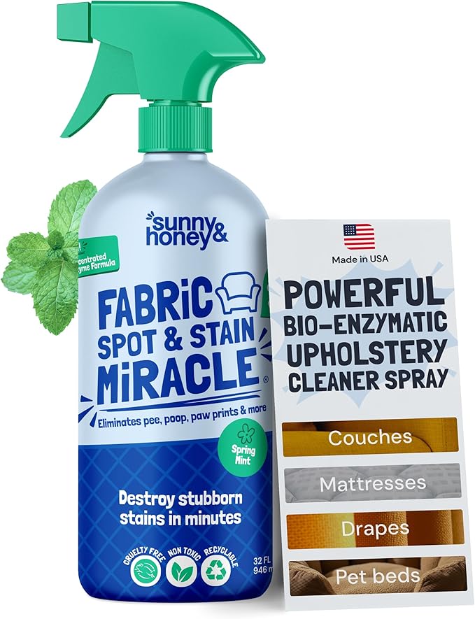 Sunny & Honey Fabric Cleaner Spray - Enzymatic Upholstery Cleaner for Furniture, Couches, Chairs and Sofas - 32 fl oz Stain Remover - No Scrubbing or Machines Needed (Mint Scent)