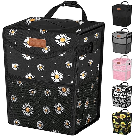 Pritent Car Trash Can with Lid, Cute Leakproof Car Trash Garbage Bag Hanging Vehicle Trash Bin Small Portable Automotive Garbage Cans Organizer for Back/Front Seat/Console(2.8 Gallons,Black Flower)