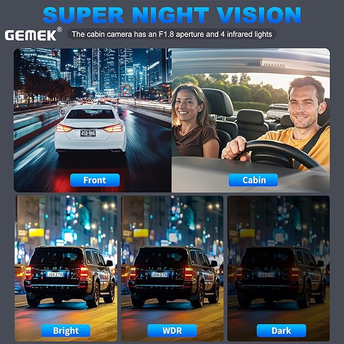 360 Degree View 4 Channel Dash Cam Front and Rear Inside Left Right, GEMEK Dash Camera for Cars FHD 1080P Free 64GB TF Card, Multi-Ch Dash Camera for Cars,Night Vision, 24H Parking Mode