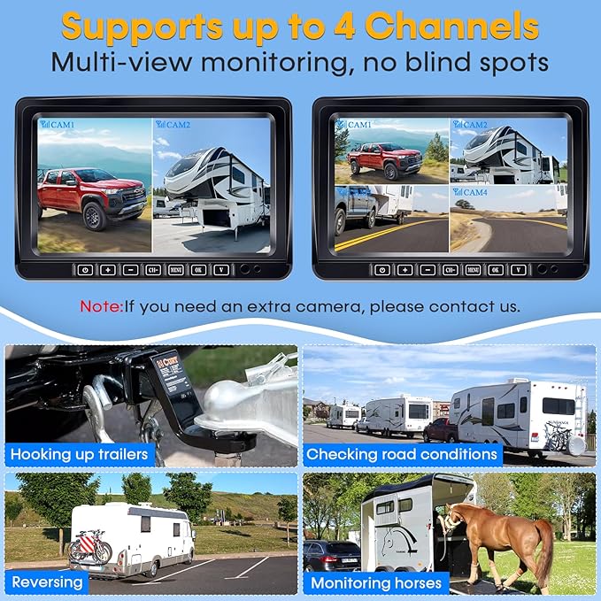 4 Magnetic Wireless Backup Camera for Trailer: Easy Install HD 1080P RV Camera System with 7" Touch Key Recording Monitor, Solar Powered, Long-Lasting, Strong Signal
