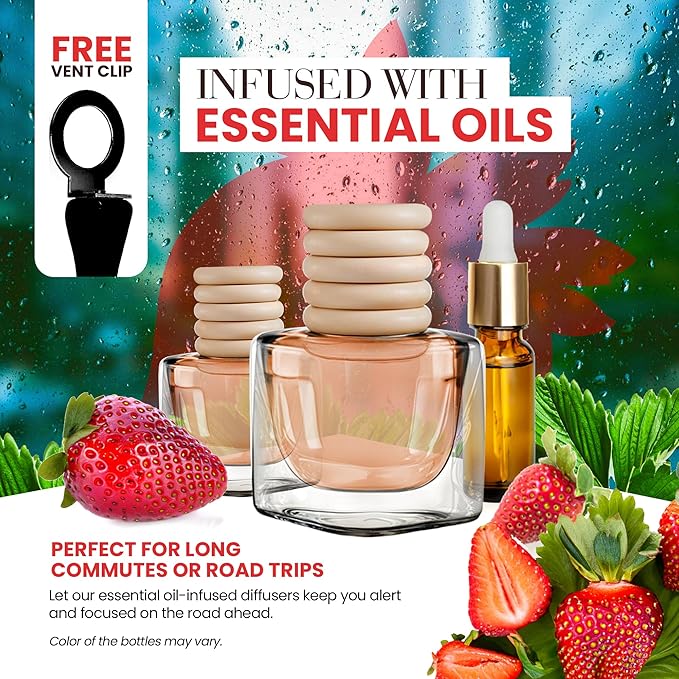 Strawberry Vanilla Car Air Freshener | Hanging Car Freshener with Vent Clip | Long Lasting, Slow-Release Aroma Technology, Adjustable Scent Intensity | Scented Automotive Accessories by Perfa