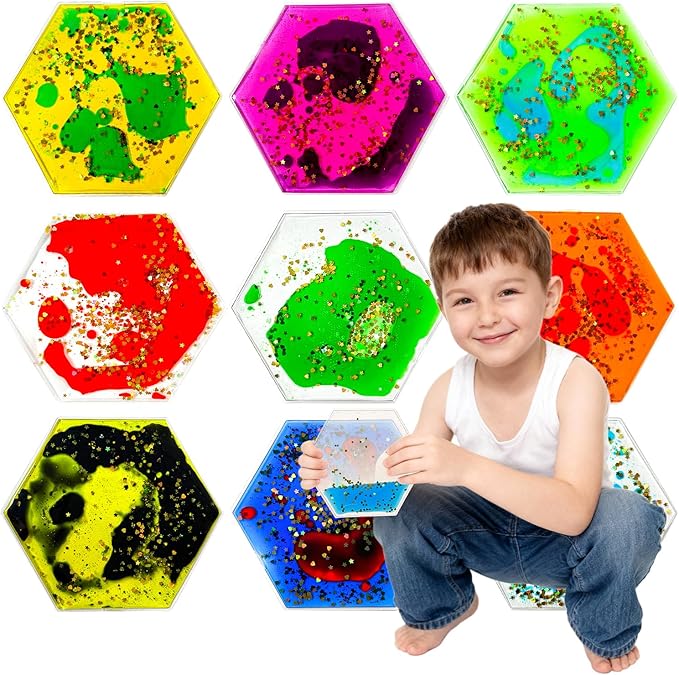 Squishy Liquid Sensory Gel Tiles 9 Packs - Hexagon Liquid Sensory Toys for Stress Relief & Fidget Fun, Washable Sensory Floor Tiles for Toddles 3+ Home, Classroom, Travel
