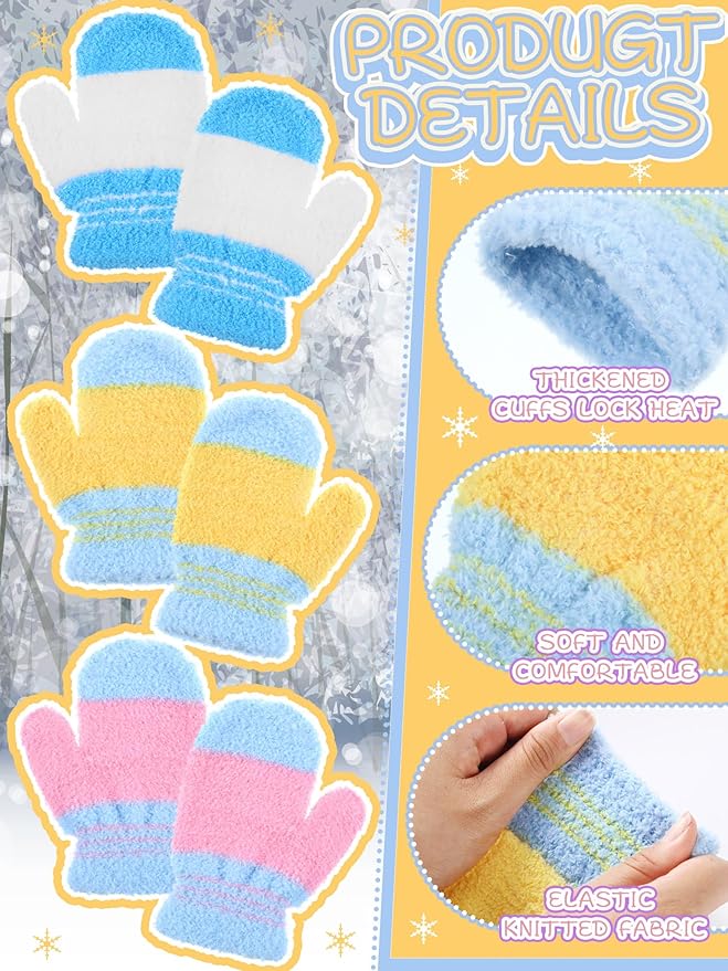 SATINIOR 3 Pairs Toddler Mittens Kids Winter Warm Gloves Baby Soft Stretch Mittens for Boys Girls Children
