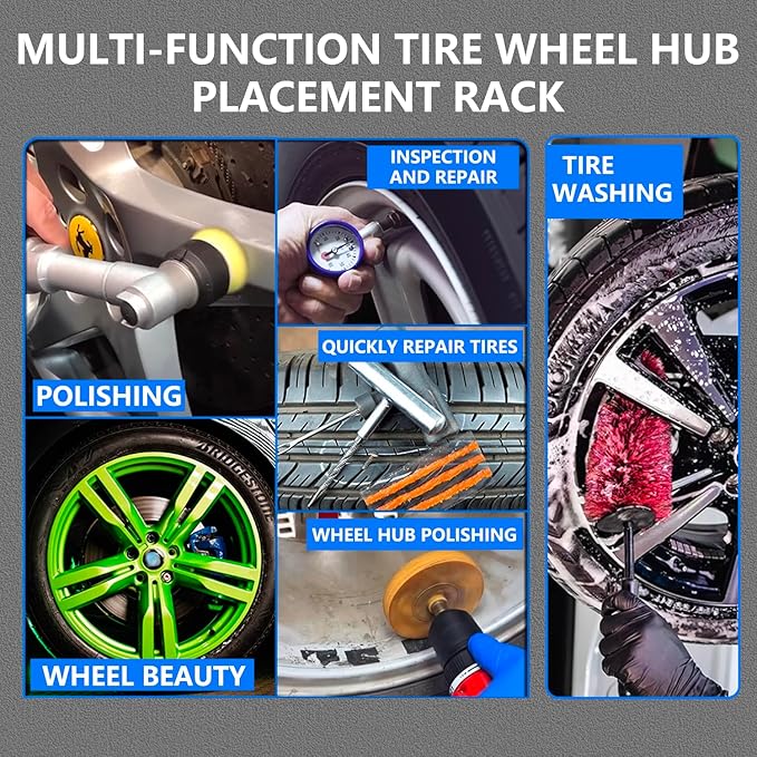 Rolling Wheel Detailing Stand – Heavy-Duty Tire Cleaning and Polishing Roller with 3-Way Rotating Rollers for Ceramic Coating, Tire Shine, Car Wheel Wash – Garage Accessory for Auto Detailers