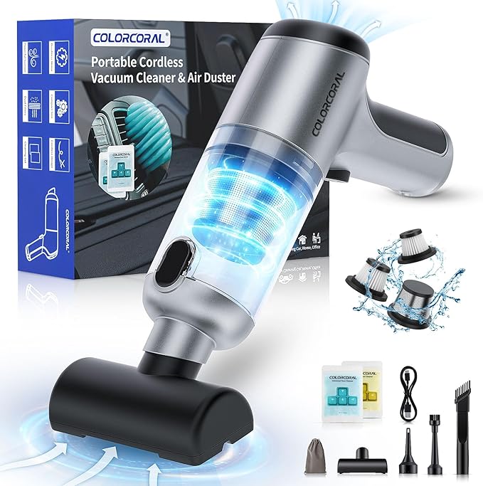 ColorCoral Portable Car Vacuum, Cordless Handheld Vacuum Cleaner with 2Pack Cleaning Gel, Air Duster Computer Vacuum Cordless Rechargeable for Car Interior, Keyboard Cleaner, Home Cleaning